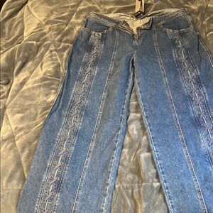 Lioness Blue Flare Wide Leg Jeans with Embellishments